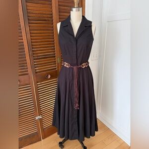 Sleeveless Black Collared Midi Dress with Belt